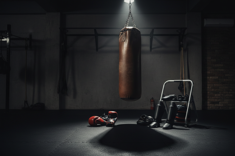 A modern home gym setup with dip bars, pull-up station, and resistance bands hanging neatly. Clean grey tones with natural daylight from a window. Focus on simplicity, control, and strength.