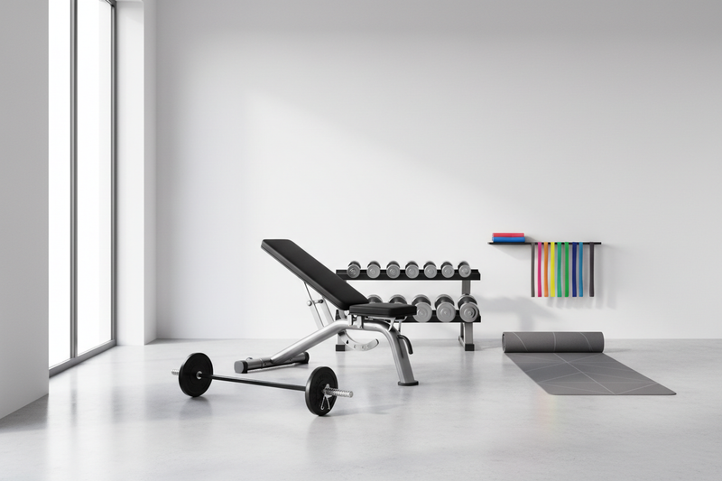 An adjustable black and red weight bench under soft studio lighting on a textured rubber gym floor. Background slightly blurred to emphasise the bench. Minimalist style, realistic and professional product scene.