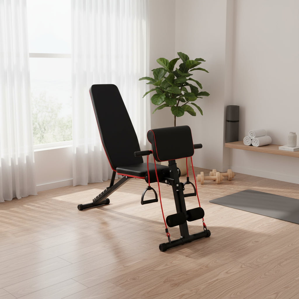 Black adjustable weight bench in a home gym setting with a plant and exercise equipment.
