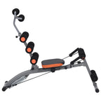 Gray and black exercise machine with orange accents on a white background