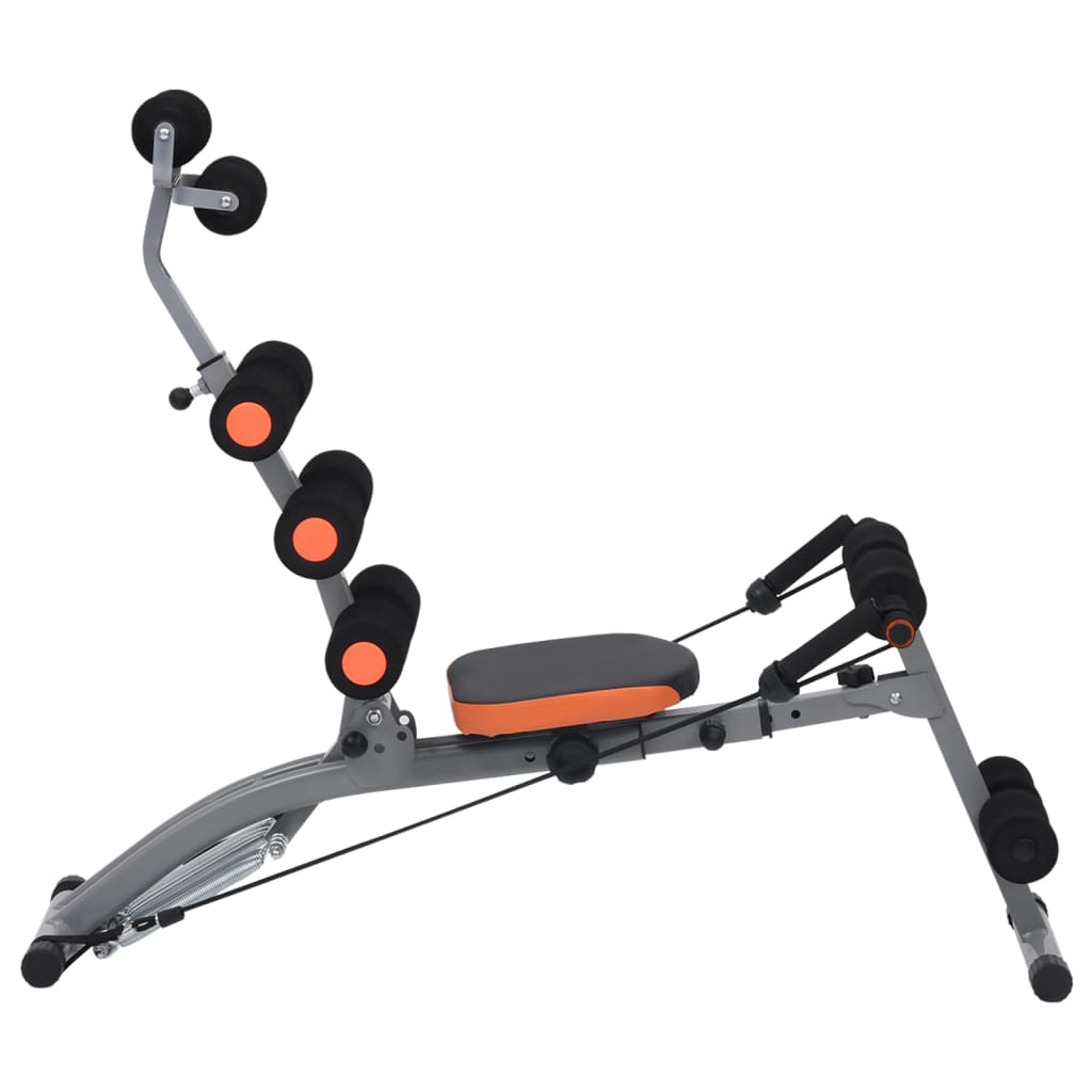 Gray and black exercise machine with orange accents on a white background