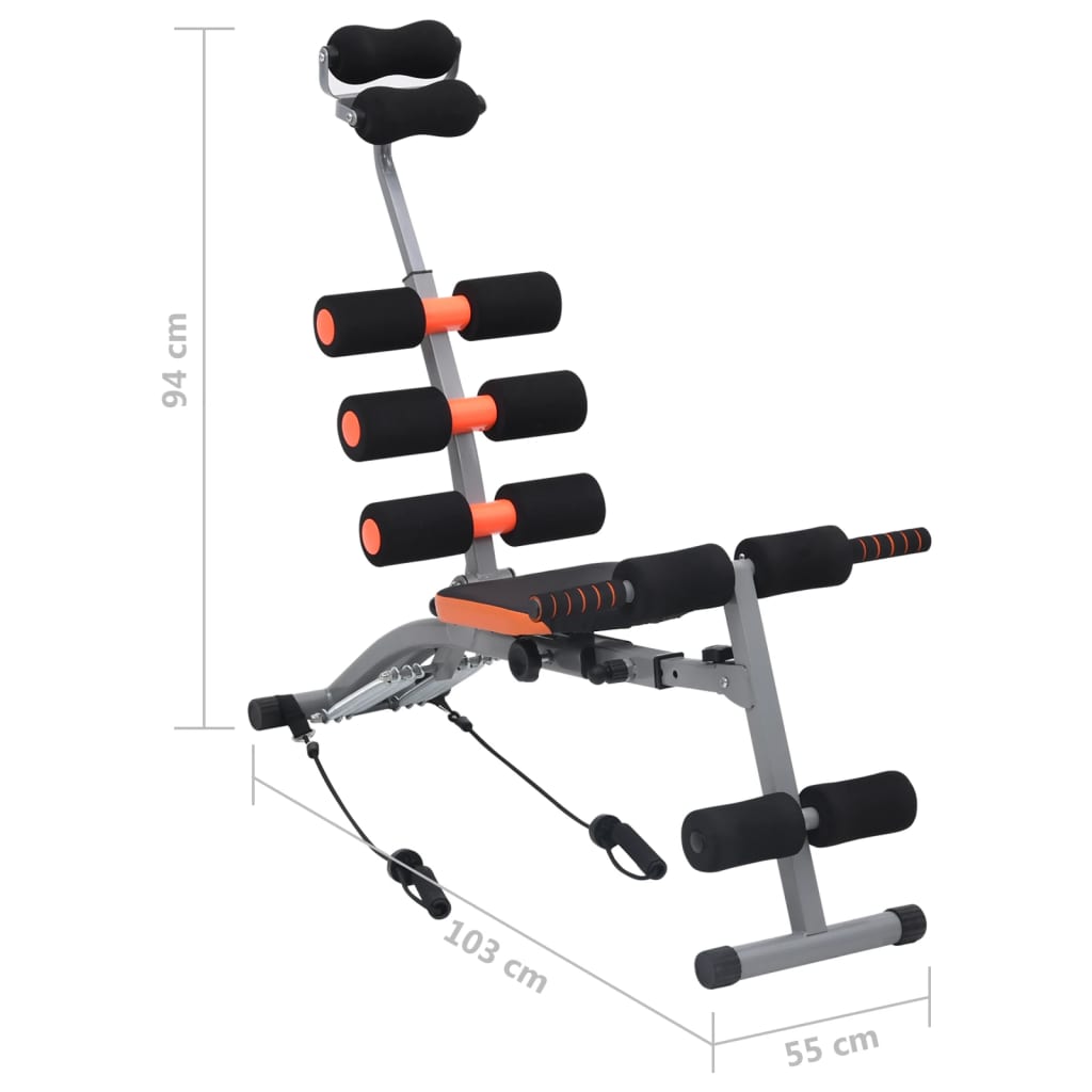 Fitness bench with black and orange handles on a white background with measurements.