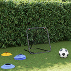 Portable football goal with cones and a soccer ball on grass against a hedge background