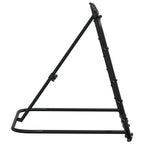 Black metal tripod stand on a white background as seen from the side