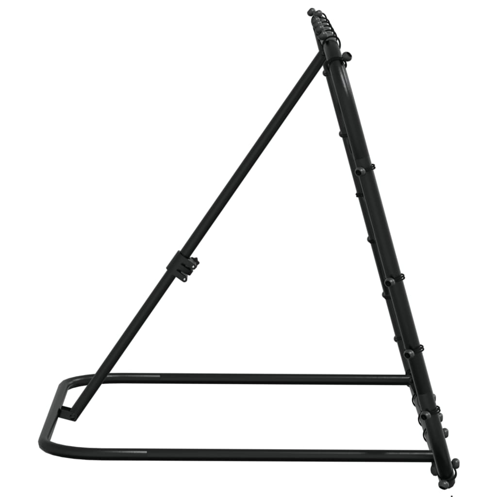 Black metal tripod stand on a white background as seen from the side