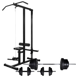 Home Power Tower with Barbell and Dumbbell Strength Set