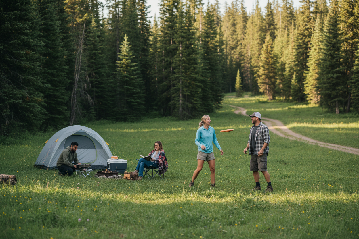 Friends camping in a forest clearing with tent, chairs and outdoor activities.