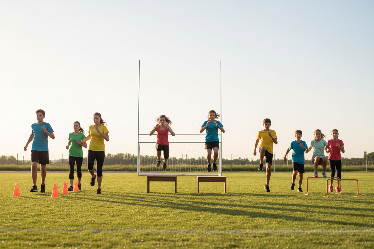 Teenagers practising athletics outdoors with hurdles and agility drills on a sports field