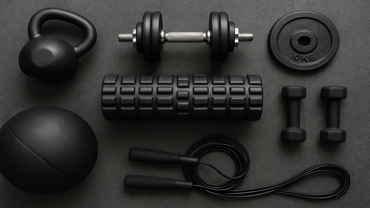 Premium black home gym equipment flat lay featuring kettlebell, adjustable dumbbell, barbell plate, foam roller, jump rope, and medicine ball — ideal for strength training, mobility, and recovery workouts.