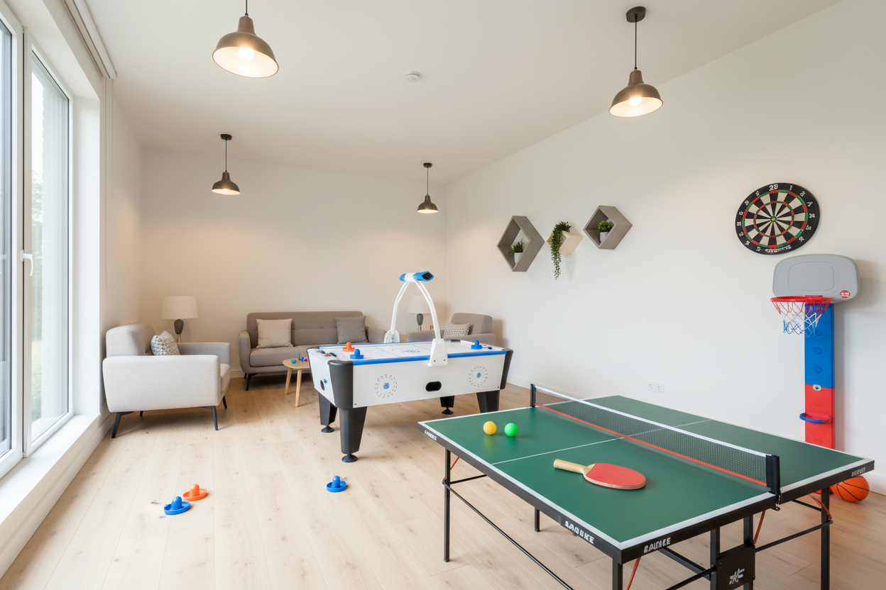 Indoor games room with table tennis, air hockey, and dartboard for home entertainment